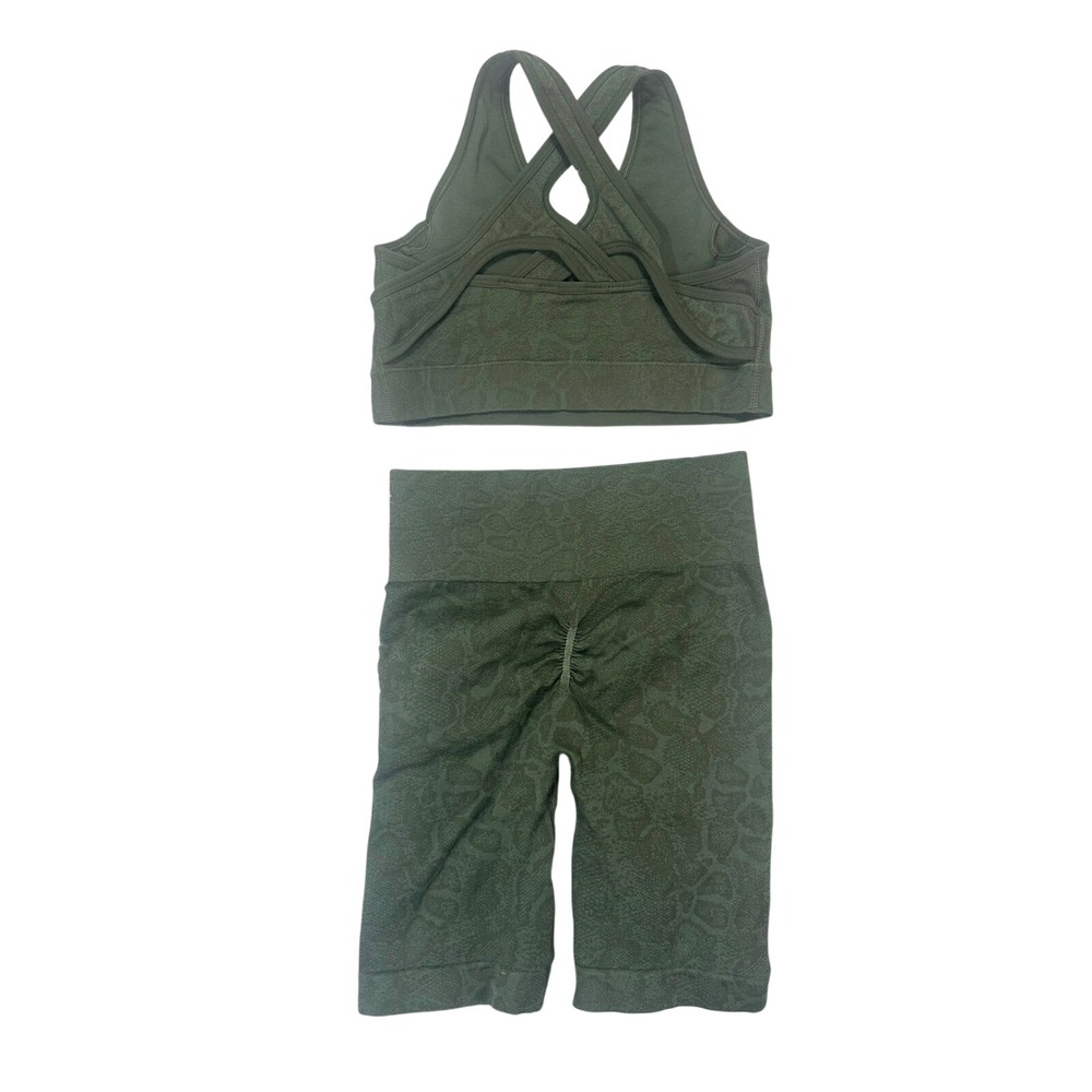 Gymshark Adapt Animal Seamless Sports Bra &‎ Shorts Set Olive Green Size Small - Picture 2 of 3